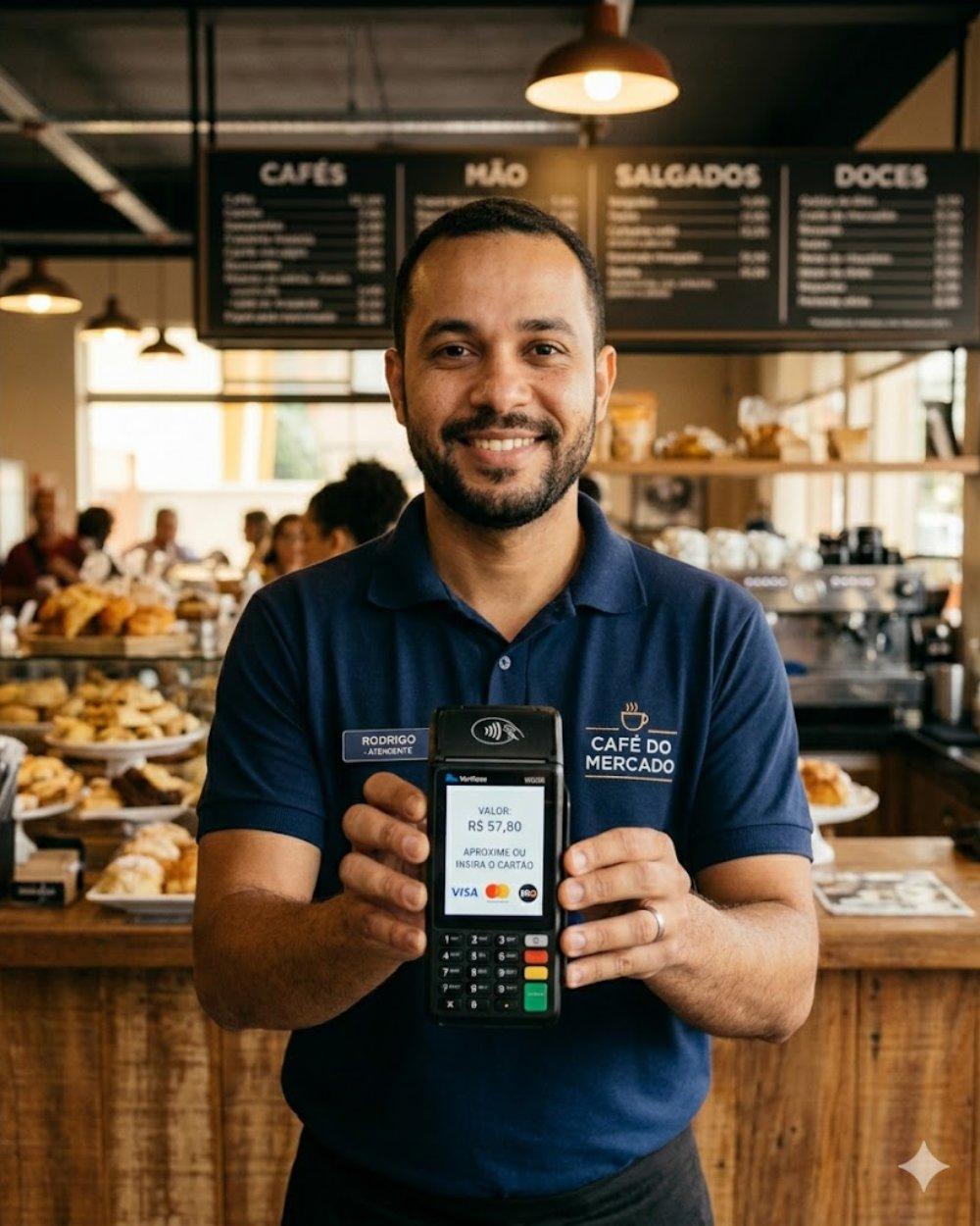 Atendente em café segurando maquininha durante pagamento